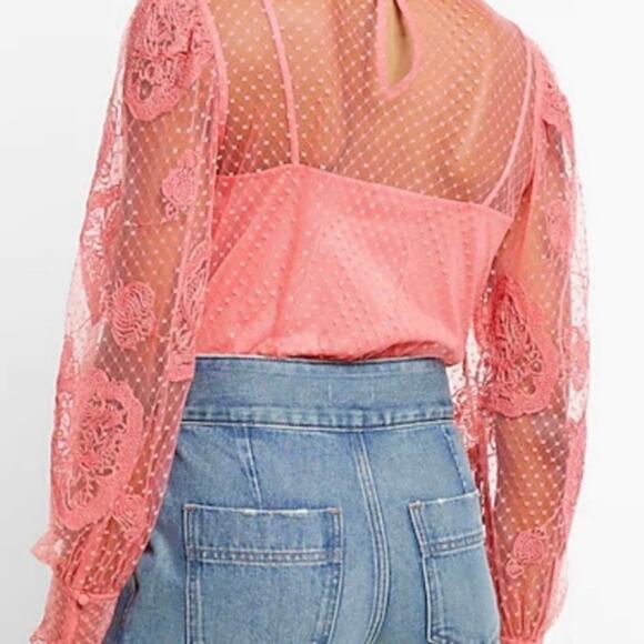 NWT Express Lace Long Sleeve Crew Swiss Dot Cami Pink Sexy Top XS - Picture 9 of 12